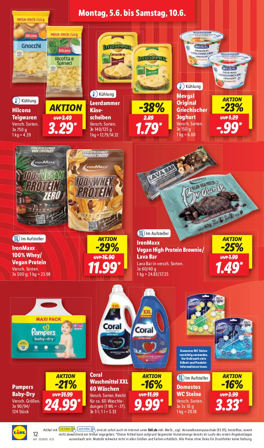 Aktueller Prospekt Lidl - Aktionsprospekt - von 05.06 bis 10.06.2023 - strona 12 - produkty: angebot, baby-dry, brownie, dell, domestos, eis, elle, gin, hilcona, Käse, käsescheiben, leerdammer, ndk, pampers, Rauch, reis, rwe, Schal, Schale, teigwaren, teller, Ti, waschmittel