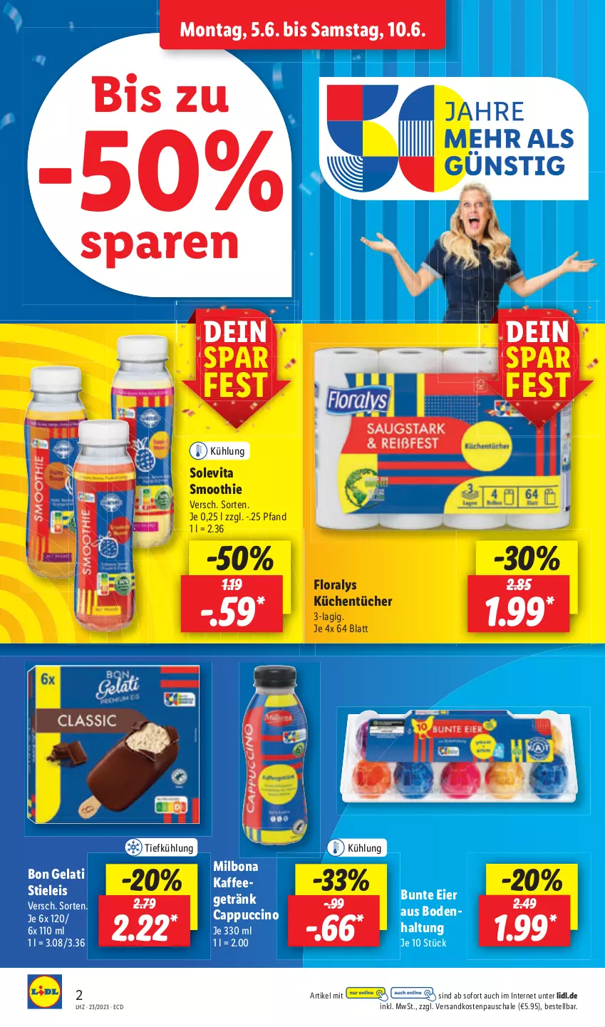 Aktueller Prospekt Lidl - Aktionsprospekt - von 05.06 bis 10.06.2023 - strona 2 - produkty: Bon Gelati, Bona, cin, eier, eis, Floralys, getränk, kaffee, küche, Küchen, küchentücher, Milbona, ndk, Schal, Schale, smoothie, stieleis, Ti, tücher, vita