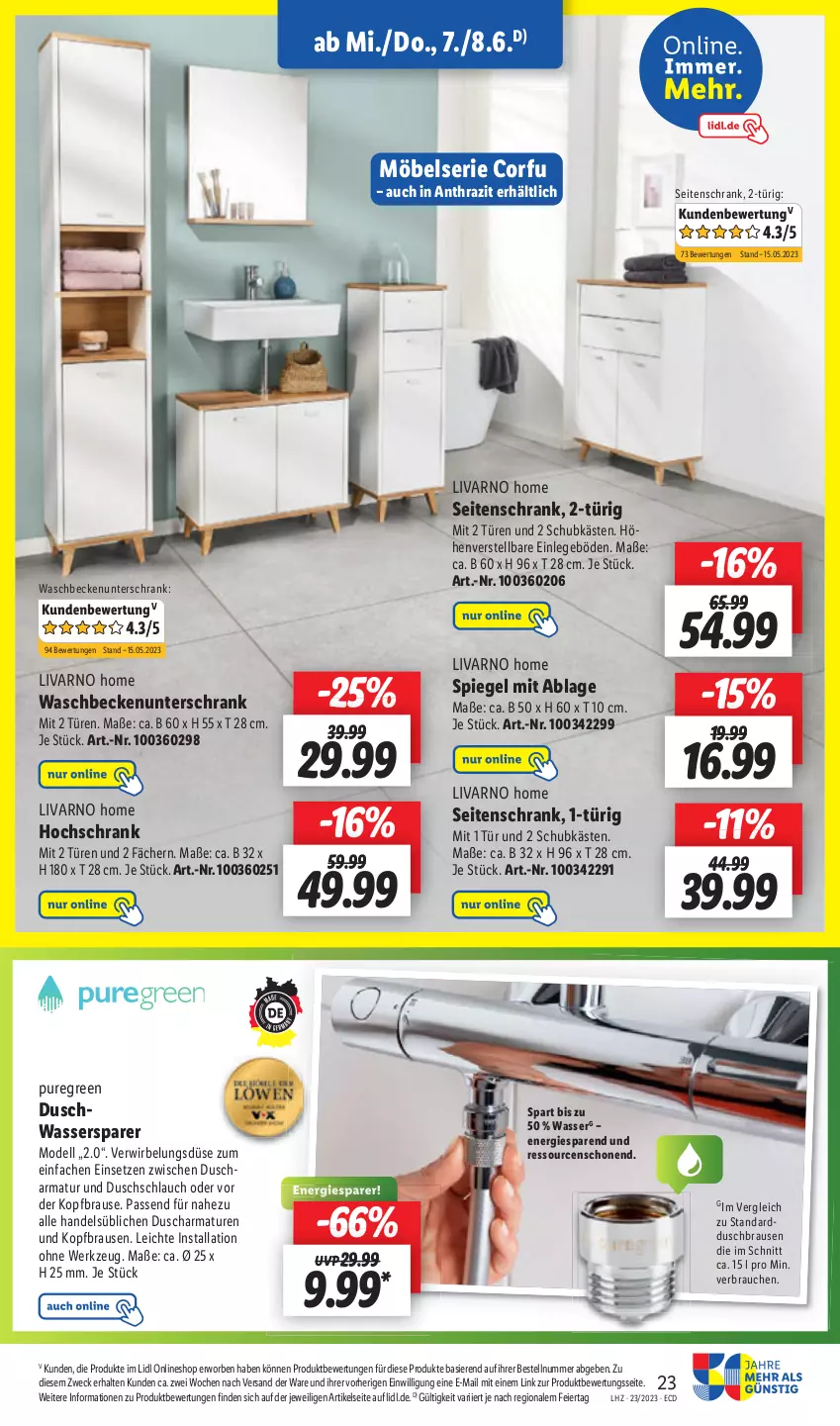 Aktueller Prospekt Lidl - Aktionsprospekt - von 05.06 bis 10.06.2023 - strona 25 - produkty: armatur, armaturen, Beckenunterschrank, brause, dell, eier, Rauch, schlauch, Schrank, Seitenschrank, spiegel, Ti, unterschrank, waschbecken, waschbeckenunterschrank, weck