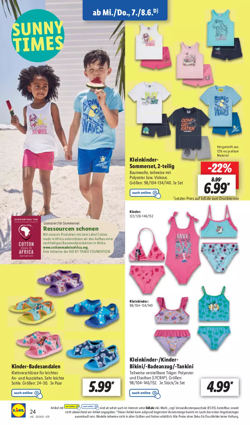 Aktueller Prospekt Lidl - Aktionsprospekt - von 05.06 bis 10.06.2023 - strona 26 - produkty: angebot, Bad, Bau, bikini, dell, eis, elle, Kinder, ndk, reis, Ria, sandale, sandalen, Schal, Schale, Ti, wolle