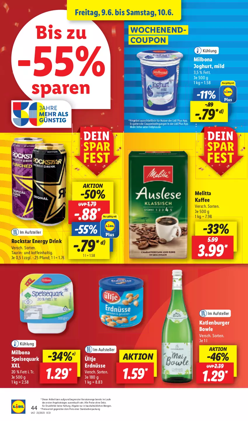 Aktueller Prospekt Lidl - Aktionsprospekt - von 05.06 bis 10.06.2023 - strona 54 - produkty: angebot, Bona, bowle, burger, coupon, drink, drucker, eis, elle, energy drink, Engel, erdnüsse, joghur, joghurt, kaffee, katlenburger, kerze, melitta, Milbona, papier, preisvorteil, quark, reis, Rockstar, speisequark, teller, Ti, ültje, ültje erdnüsse, ZTE