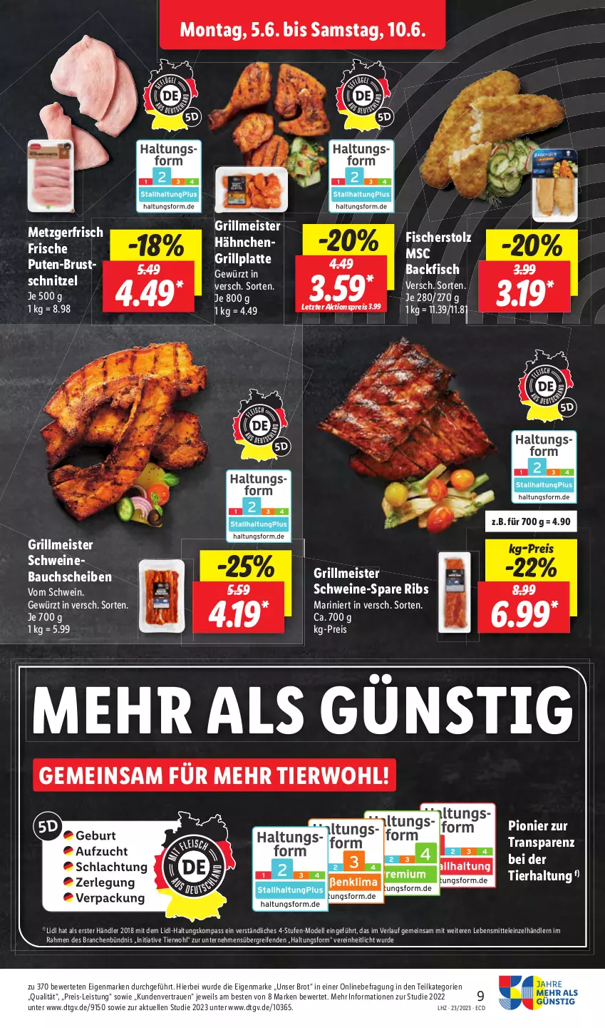 Aktueller Prospekt Lidl - Aktionsprospekt - von 05.06 bis 10.06.2023 - strona 9 - produkty: backfisch, Bau, bauchscheiben, brot, dell, eis, elle, fisch, fische, Fischer, latte, lebensmittel, Meister, Mode, reifen, reis, schwein, schweine, spare ribs, Ti, wein, weine