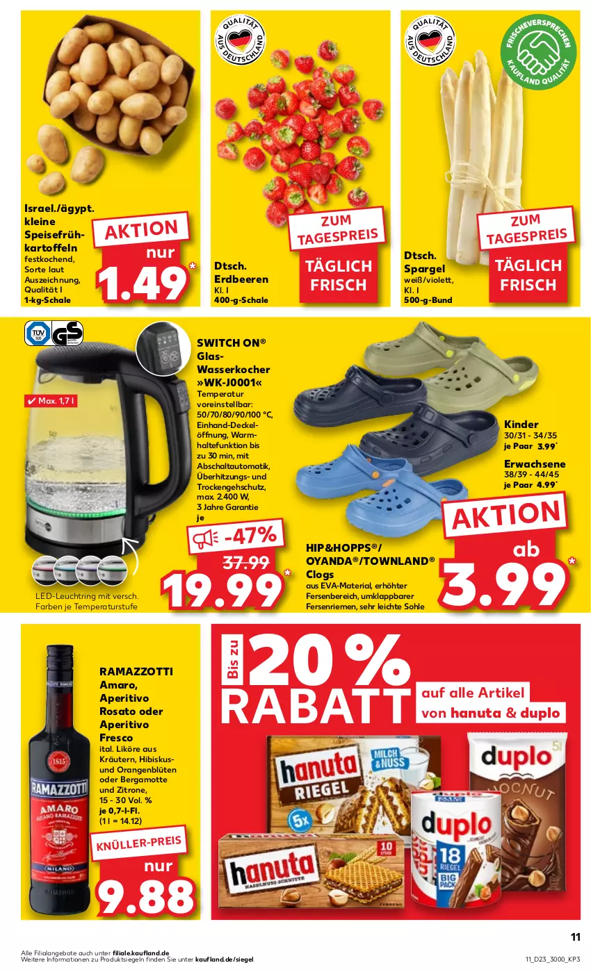 Aktueller Prospekt Kaufland - Prospekt - von 08.06 bis 14.06.2023 - strona 11 - produkty: amaro, angebot, angebote, aperitivo rosato, auto, beere, beeren, Bergamotte, Blüte, Clogs, decke, Deckel, duplo, eis, erdbeere, erdbeeren, Frühkartoffeln, hanuta, kartoffel, kartoffeln, Kinder, Kocher, kräuter, kräutern, leine, likör, orange, orangen, rama, ramazzott, ramazzotti, reis, Ria, ring, rosato, Schal, Schale, spargel, speisefrühkartoffeln, Ti, wasser, wasserkocher, zitrone, zott