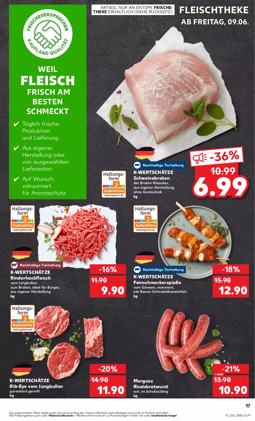 Aktueller Prospekt Kaufland - Prospekt - von 08.06 bis 14.06.2023 - strona 17 - produkty: angebot, angebote, bacon, besteck, braten, bratwurst, burger, eis, elle, ente, feinschmecker, fleisch, geschirr, hackfleisch, ilag, jungbullen, Käse, rind, rinder, rinderhackfleisch, Schmelzkäse, schwein, schweine, schweinebraten, teller, Ti, wein, weine, würfel, wurst