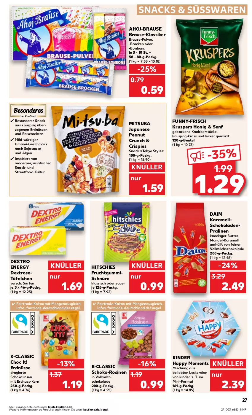 Aktueller Prospekt Kaufland - Prospekt - von 08.06 bis 14.06.2023 - strona 27 - produkty: ahoj-brause, angebot, angebote, auer, beutel, bonbons, brause, Brock, butter, cracker, daim, eis, erdnuss, erdnüsse, erdnüssen, frucht, fruchtgummi, fruchtgummis, funny-frisch, geback, gewürz, honig, kakao, karamell, Kinder, LG, linsen, mac, mam, mandel, milch, Mode, nuss, pralinen, reis, sauce, schoko, schokolade, schokoladen, Schokolinsen, senf, snack, snacks, soja, sojasauce, süsswaren, Ti, tisch, vollmilch, Yo