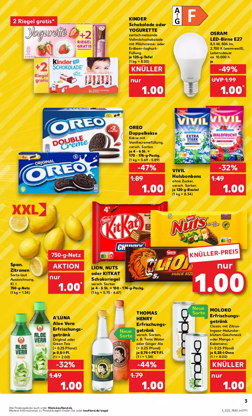 Aktueller Prospekt Kaufland - Prospekt - von 08.06 bis 14.06.2023 - strona 3 - produkty: aloe vera, angebot, angebote, auer, beutel, Blüte, bonbons, creme, Doppelkekse, eis, erfrischungsgetränk, getränk, gin, ginger, ginger ale, green tea, holunder, holunderblüte, ingwer, joghur, joghurt, keks, kekse, Kinder, kinder schokolade, kitkat, lion, mac, mango, milch, oder yogurette, oreo, Osram, riegel, schoko, schokolade, schokoriegel, thomas henry, Ti, tonic, tonic water, vanille, vollmilch, Yo, yogurette, zitrone, zitronen, zucker