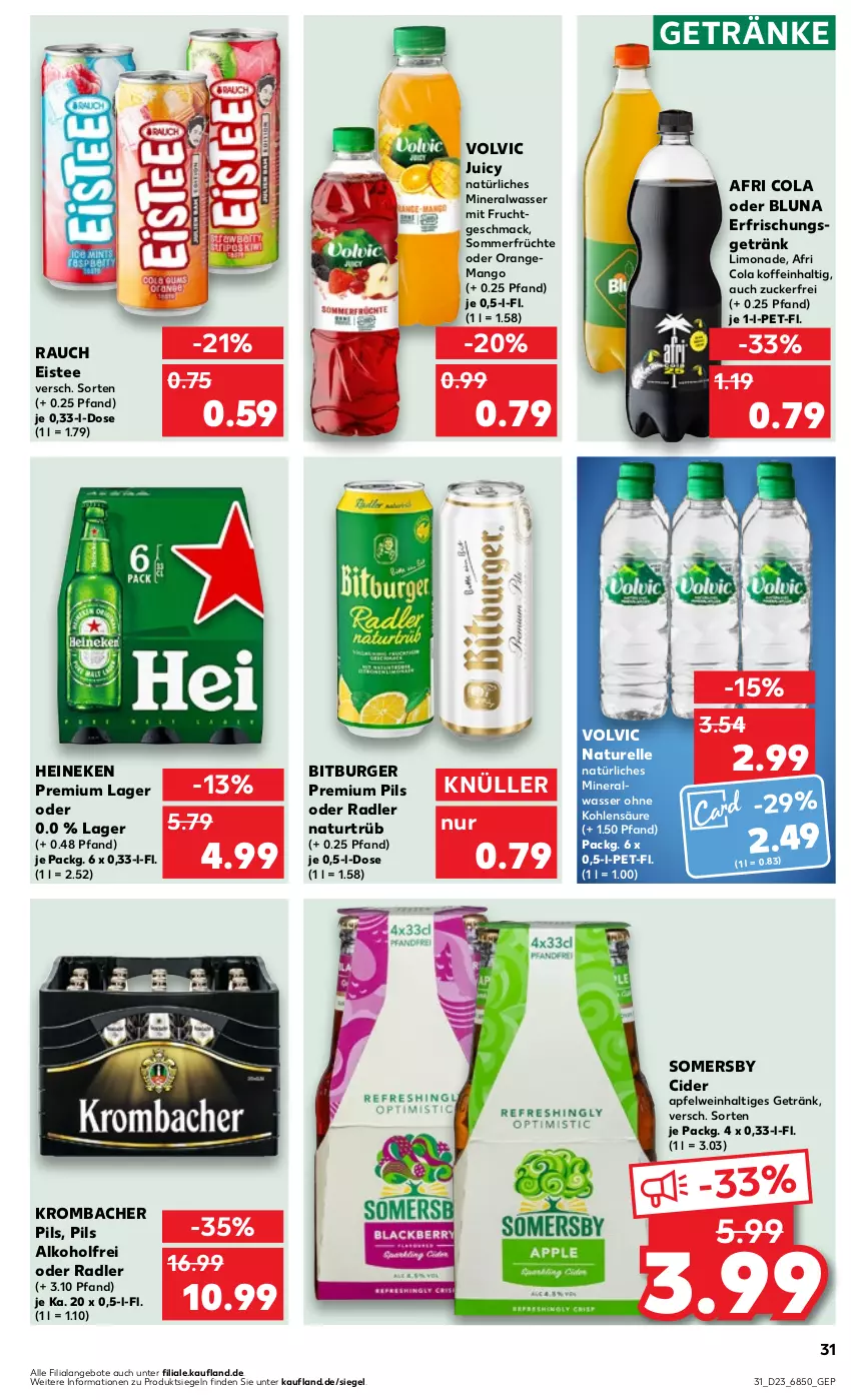 Aktueller Prospekt Kaufland - Prospekt - von 08.06 bis 14.06.2023 - strona 31 - produkty: Afri Cola, alkohol, Alwa, angebot, angebote, apfel, apfelwein, bitburger, burger, cider, cola, eis, eistee, elle, frucht, früchte, getränk, getränke, heineken, krombache, krombacher, krombacher pils, limo, limonade, mac, mango, mineralwasser, mit frucht, natur, natürliches mineralwasser, oder radler, orange, pils, premium pils, radler, Rauch, rel, somersby, tee, Ti, volvic, wasser, wein, zucker