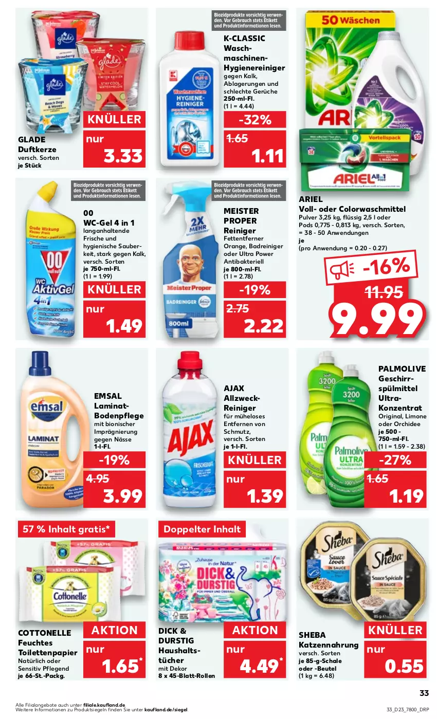 Aktueller Prospekt Kaufland - Prospekt - von 08.06 bis 14.06.2023 - strona 33 - produkty: ajax, allzweckreiniger, angebot, angebote, ariel, Bad, beutel, bio, colorwaschmittel, cottonelle, Duftkerze, eis, elle, emsa, feuchtes toilettenpapier, geschirr, geschirrspülmittel, gin, Glade, haushaltstücher, katzennahrung, kerze, laminat, laminatboden, limo, Meister, meister proper, olive, orange, orchidee, palmolive, papier, Pods, reiniger, Schal, Schale, sheba, spülmittel, Ti, toilettenpapier, tücher, waschmaschine, waschmaschinen, waschmittel, wc-gel, weck