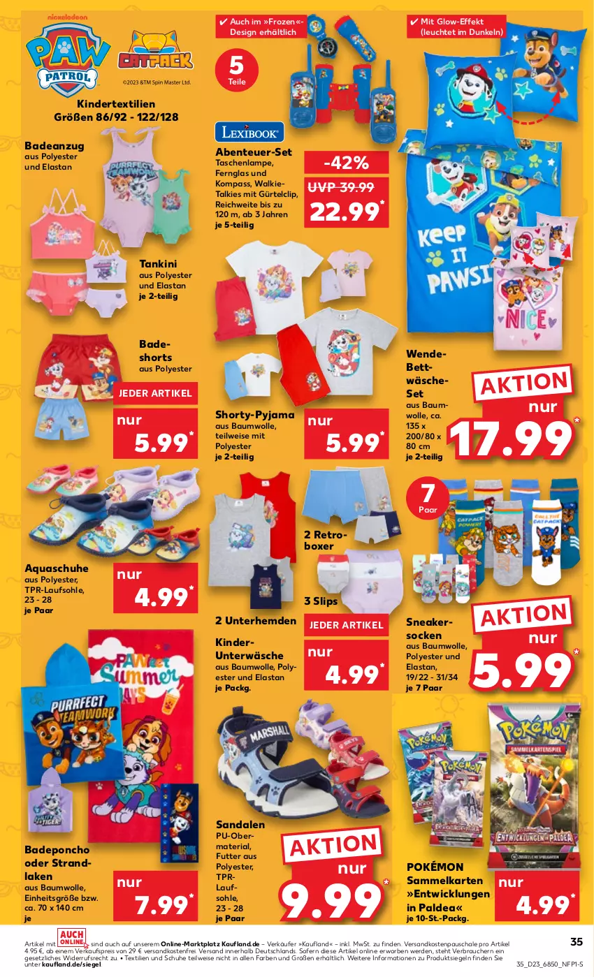 Aktueller Prospekt Kaufland - Prospekt - von 08.06 bis 14.06.2023 - strona 35 - produkty: Anzug, aqua, Bad, badeanzug, badeshorts, Bau, baumwolle, bett, bettwäsche, eis, ente, erde, Fernglas, hemd, hemden, Kinder, Lampe, Leuchte, ndk, Pyjama, Rauch, reis, Ria, sandale, sandalen, Schal, Schale, schuhe, shorts, shorty, shorty-pyjama, slip, slips, sneaker, sneakersocken, socken, strandlaken, Tasche, taschen, taschenlampe, Ti, Unterhemd, unterhemden, Unterwäsche, versandkostenfrei, wendebettwäsche, WICK, wolle