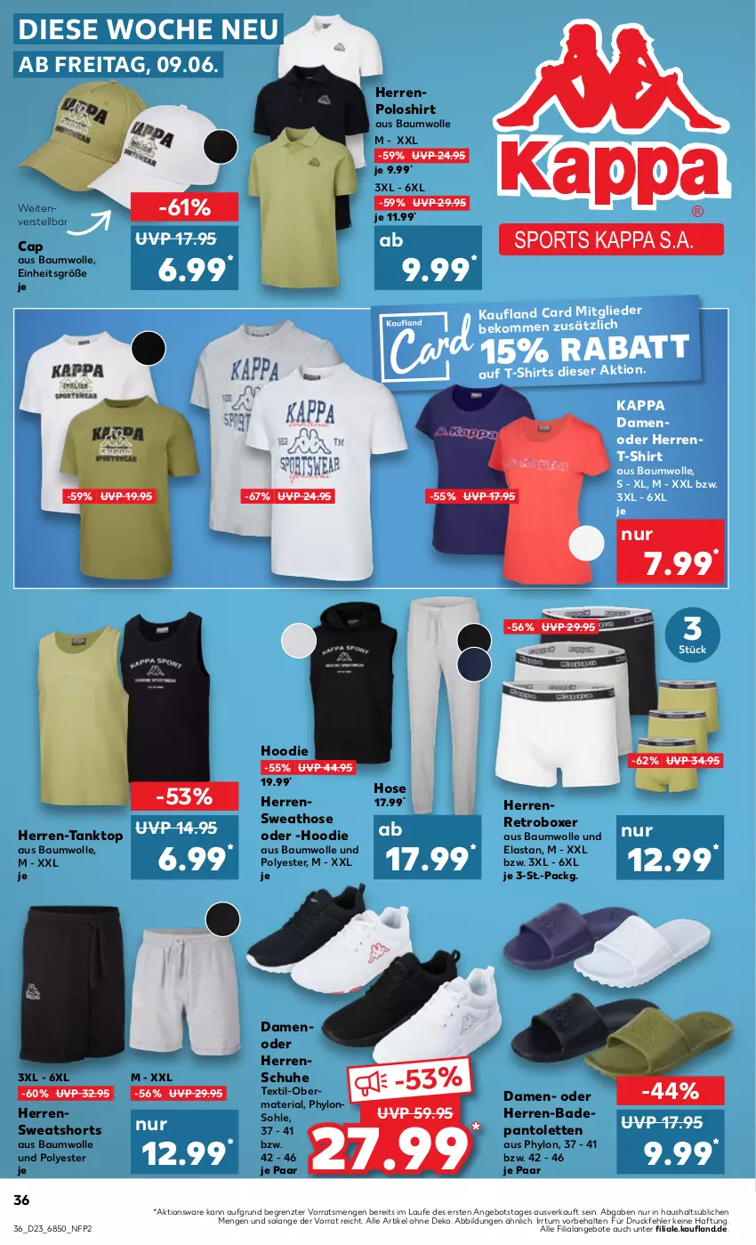 Aktueller Prospekt Kaufland - Prospekt - von 08.06 bis 14.06.2023 - strona 36 - produkty: angebot, angebote, Bad, Bau, baumwolle, beko, Cap, hose, Hylo, kappa, pantolette, pantoletten, poloshirt, Ria, schuhe, shirt, shirts, shorts, Sweathose, sweatshorts, T-Shirt, tanktop, Ti, wolle, ZTE