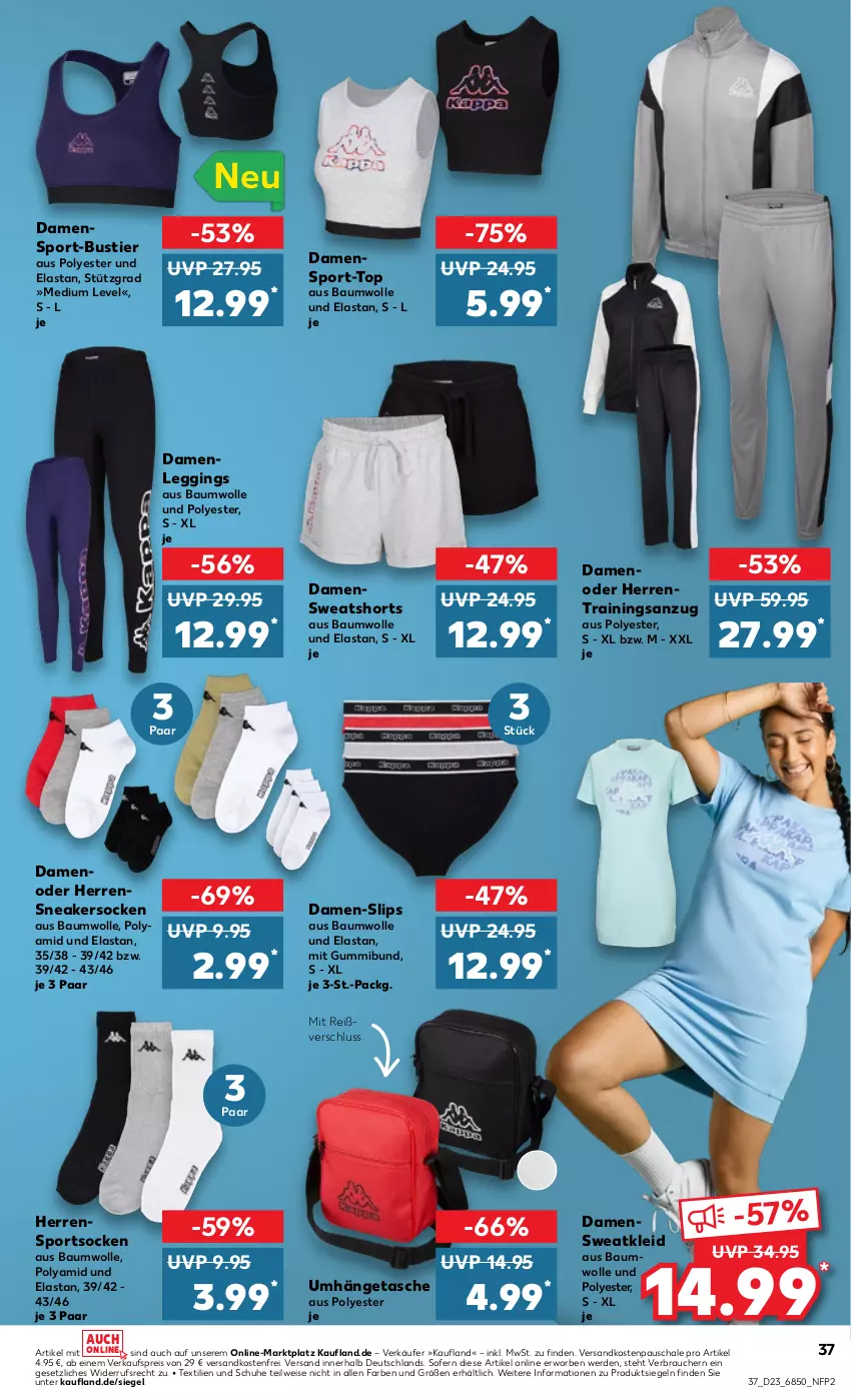 Aktueller Prospekt Kaufland - Prospekt - von 08.06 bis 14.06.2023 - strona 37 - produkty: Anzug, Bau, baumwolle, Damen-Slip, damen-slips, eis, erde, gin, kleid, leggings, ndk, Rauch, reis, Schal, Schale, schuhe, shorts, slip, slips, sneaker, sneakersocken, socken, Sport, sportsocken, Stier, Sweatkleid, sweatshorts, Tasche, Ti, trainingsanzug, umhängetasche, versandkostenfrei, wolle