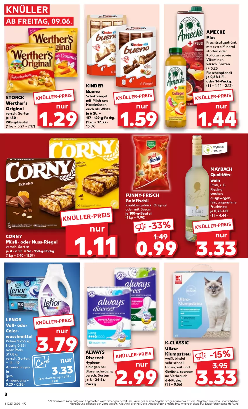 Aktueller Prospekt Kaufland - Prospekt - von 08.06 bis 14.06.2023 - strona 8 - produkty: Alwa, Always, amecke, angebot, beutel, colorwaschmittel, corny, Discreet, eis, fisch, flasche, frucht, fruchtsaft, fruchtsaftgetränk, funny-frisch, getränk, gin, Goldfischli, Kinder, kinder bueno, klumpstreu, Kollagen, lenor, maybach, milch, müsli, nuss, Pods, qualitätswein, Rauch, riegel, riesling, saft, schoko, schokoriegel, sesam, storck, Ti, vita, Vitamine, waschmittel, wein, Weißwein, werther's, ZTE