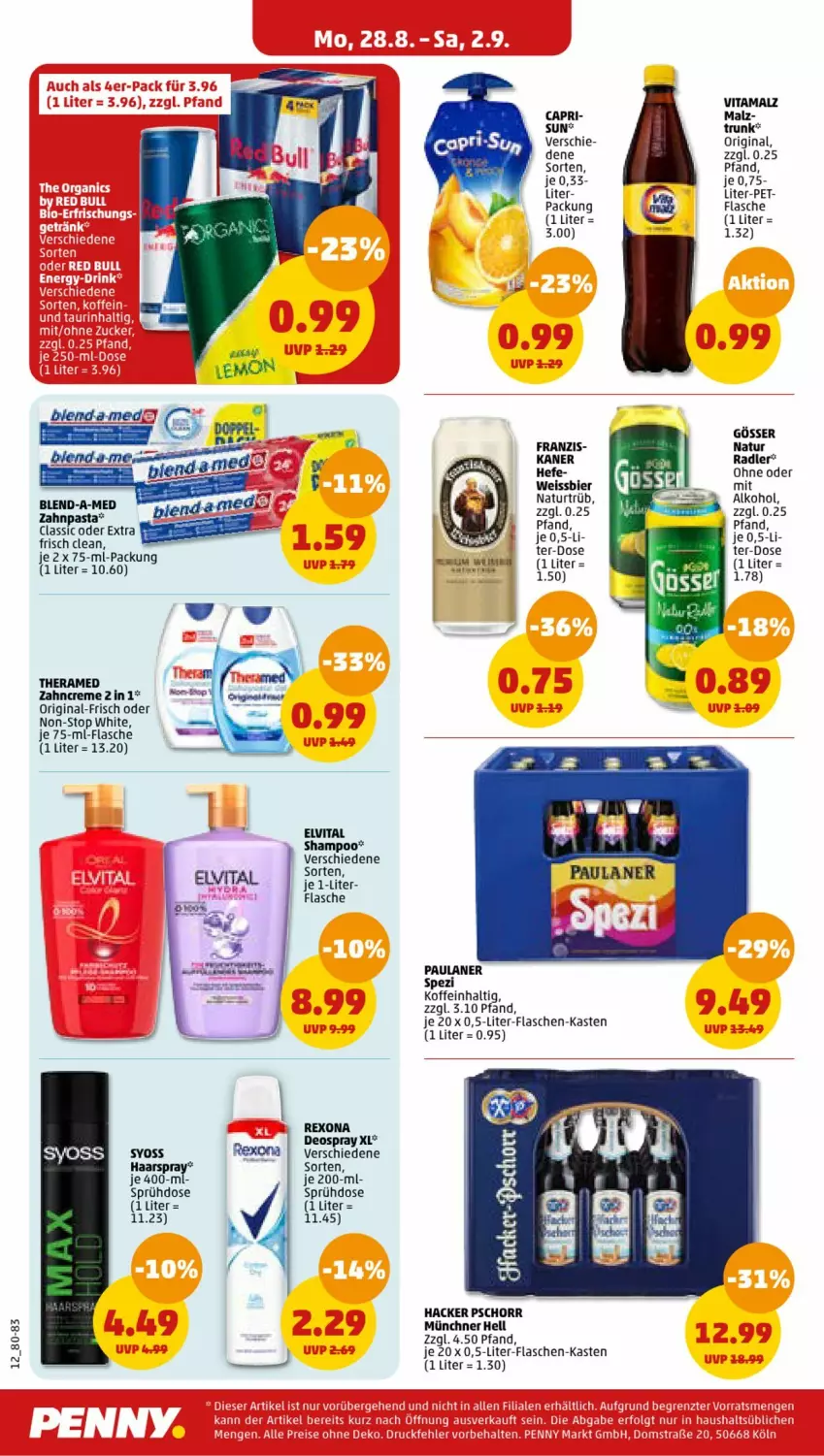 Aktueller Prospekt Penny - Prospekte - von 28.08 bis 02.09.2023 - strona 12 - produkty: AEZ, alkohol, Cap, creme, deo, deospray, elvital, flasche, flaschen-kasten, gin, gösser, hacker pschorr, Hefe, malz, natur, Paula, paulaner, radler, rexona, shampoo, Spezi, syoss, tee, theramed, Ti, vita, vitamalz, Yo, zahncreme