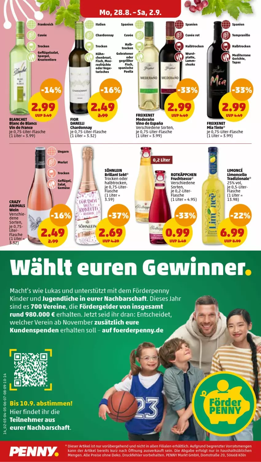 Aktueller Prospekt Penny - Prospekte - von 28.08 bis 02.09.2023 - strona 14 - produkty: braten, brillant sekt, chardonnay, de blancs, ecco, erde, fisch, flasche, freixenet, frucht, früchte, fruchtsecco, Geflügel, geflügelsalat, Kinder, lamm, latte, limo, mac, merl, merlot, paella, rotkäppchen, salat, sekt, söhnlein, spargel, steak, steaks, Tapas, tempranillo, Ti, Tiere, tradizionale, vin de france, wein, wurst