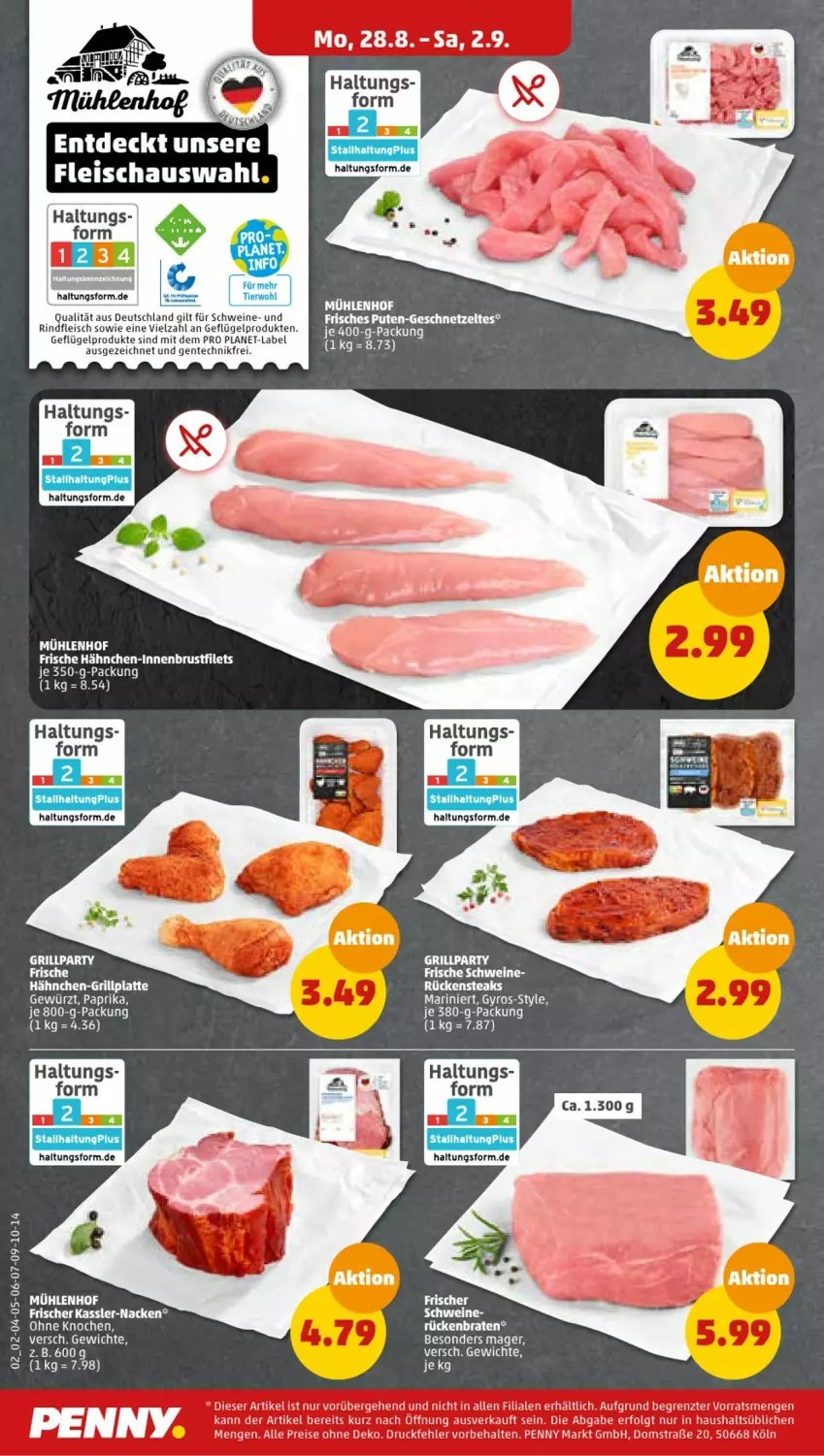 Aktueller Prospekt Penny - Prospekte - von 28.08 bis 02.09.2023 - strona 2 - produkty: braten, brustfilet, eis, ente, filet, filets, fleisch, Frische Hähnchen, Geflügel, geflügelprodukte sind mit dem, gewürz, grill, grillplatte, gyros, latte, LG, paprika, reis, rind, rindfleisch, Rückenbraten, schwein, schweine, Ti, wein, weine, ZTE