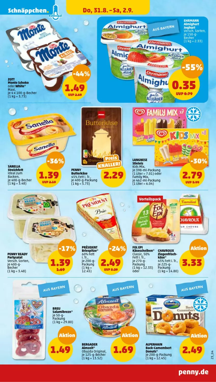 Aktueller Prospekt Penny - Prospekte - von 28.08 bis 02.09.2023 - strona 23 - produkty: Alpenhain, Becher, bergader, brie, butter, butterkäse, chavroux, Donut, donuts, eis, gin, Käse, käsescheiben, langnese, monte, obazda, salami, salat, schoko, stieleis, Ti, zott, Zott Monte