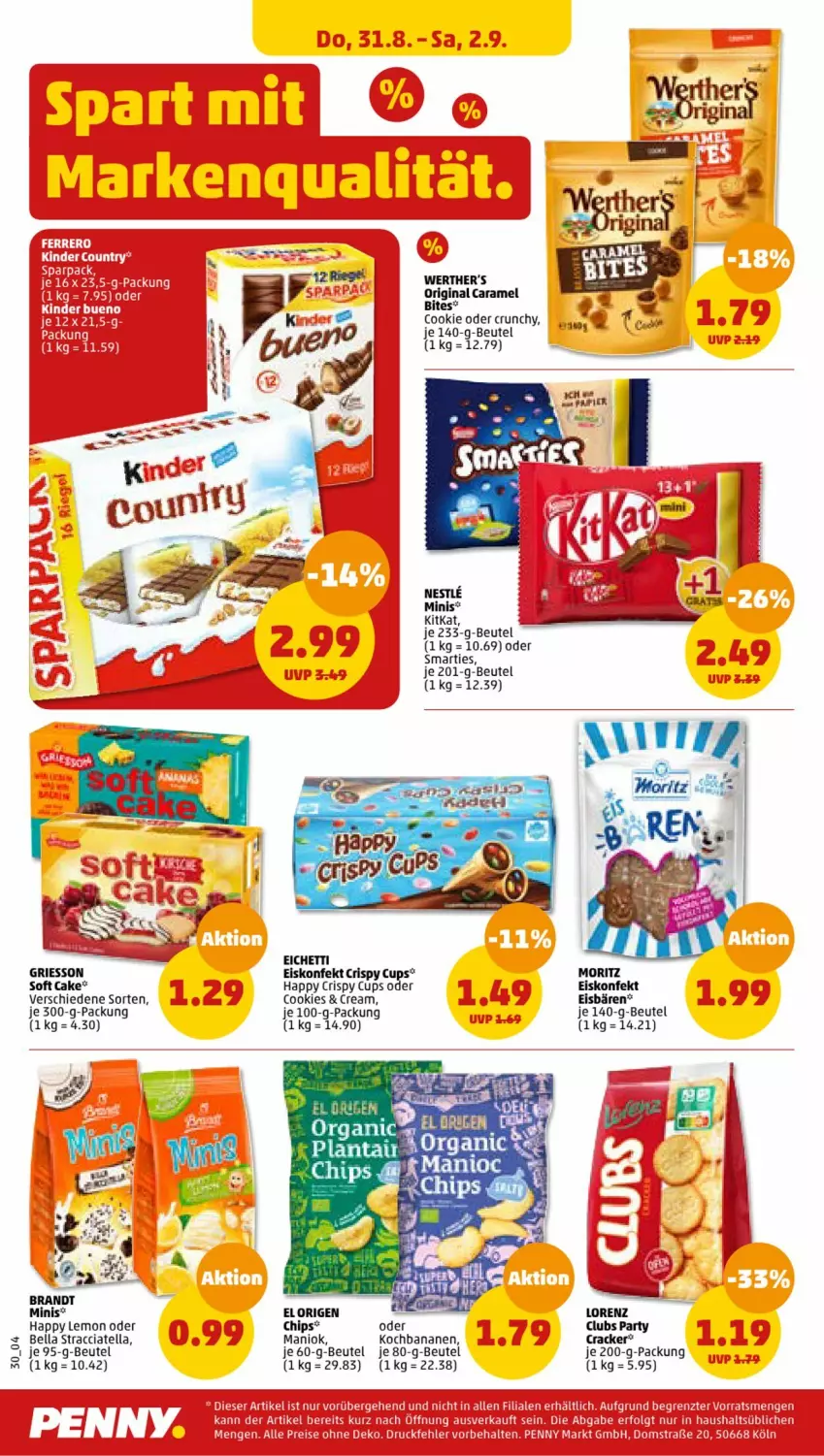 Aktueller Prospekt Penny - Prospekte - von 28.08 bis 02.09.2023 - strona 30 - produkty: ACC, banane, bananen, beutel, brandt, chips, cookie, cookies, cracker, eis, eiskonfekt, griesson, Kinder, kitkat, lorenz, smarties, Ti, werther's, ZTE