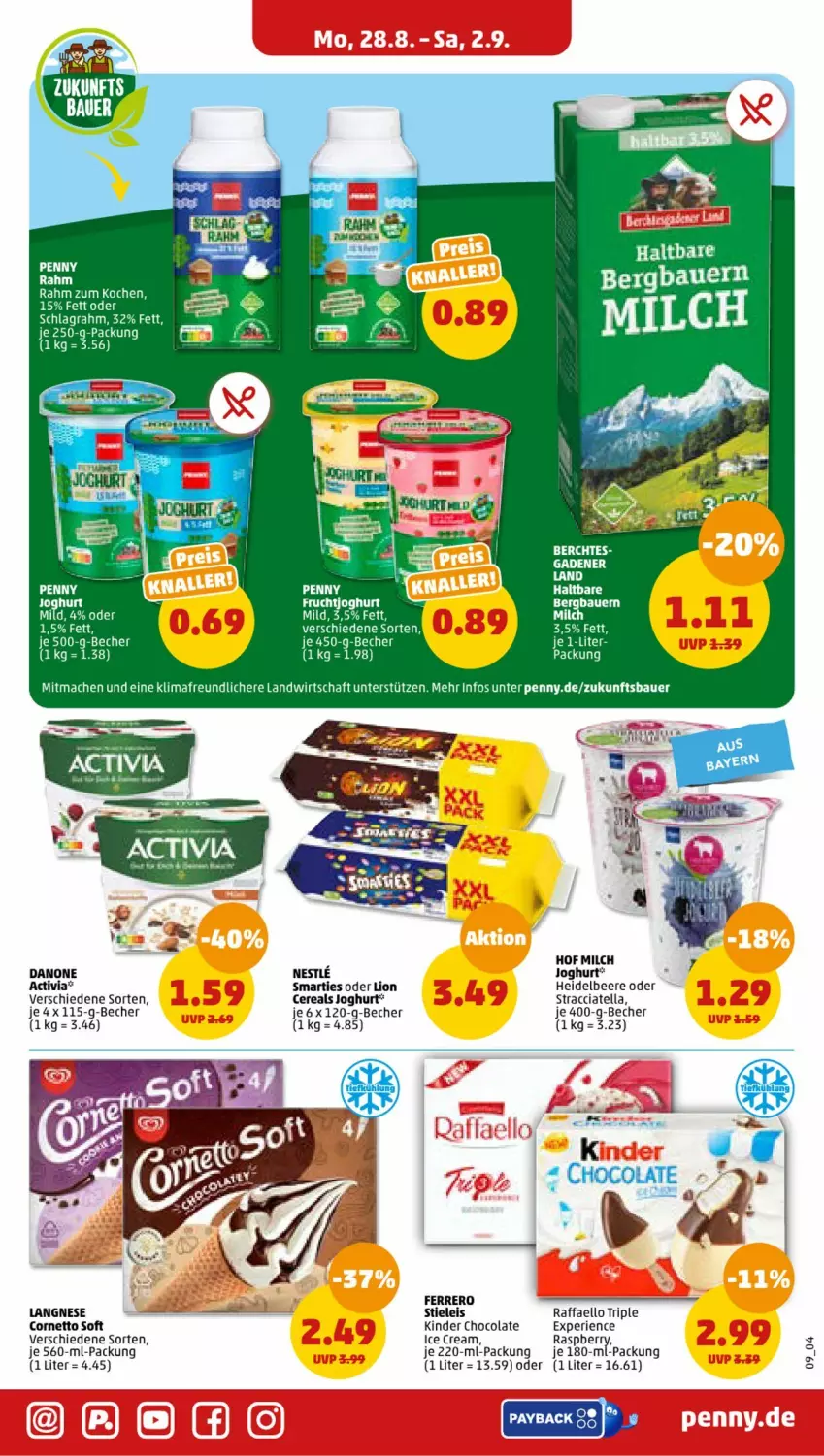 Aktueller Prospekt Penny - Prospekte - von 28.08 bis 02.09.2023 - strona 9 - produkty: ACC, activia, auer, Bau, Bauer, Becher, beere, cereals, cola, cornetto, danone, eis, ferrero, heidelbeere, joghur, joghurt, Kinder, langnese, latte, lion, mac, milch, payback, raffaello, raspberry, schlagrahm, smarties, stieleis, Ti