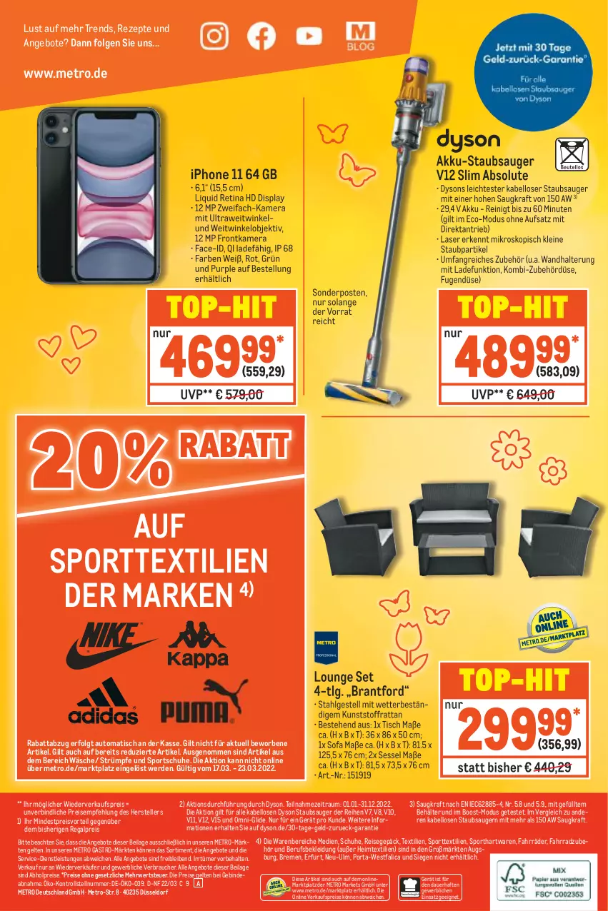 Aktueller Prospekt Metro - NonFood - von 17.03 bis 23.03.2022 - strona 20 - produkty: abholpreise, akku, Akku-Staubsauger, angebot, angebote, auer, auto, Behälter, Dyson, eis, elle, erde, Fahrrad, frontkamera, heimtextilien, ilag, iphone, iphone 11, kamera, kleid, Kleidung, kraft, leine, LG, Metro, metro gastro, preisvorteil, Rauch, regal, reis, rezept, rezepte, rwe, schuhe, sessel, Sofa, sonderposten, Sport, sportschuhe, staubsauger, strümpfe, teller, Ti, tisch, top-hit, wandhalterung