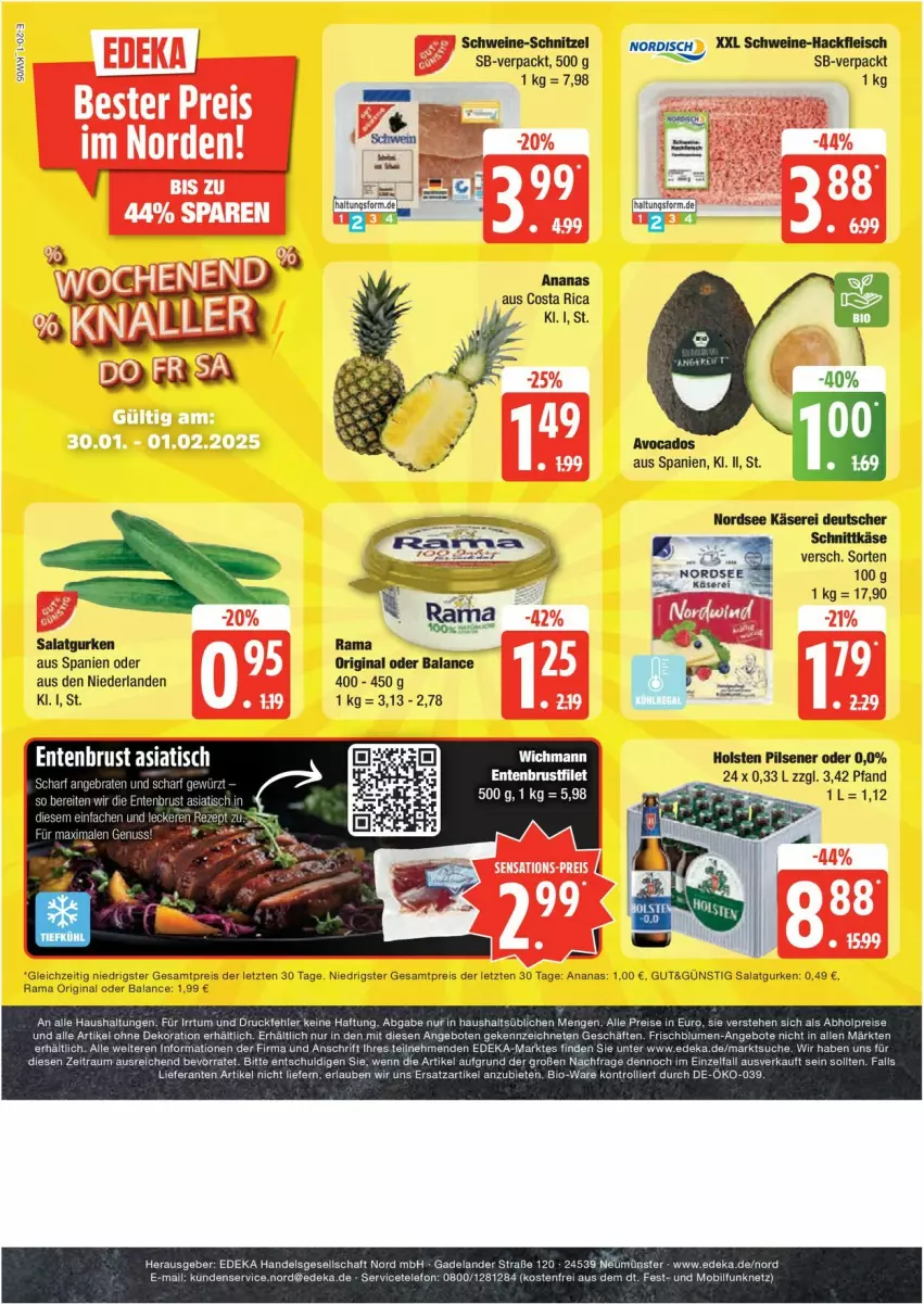 Aktueller Prospekt Edeka - Prospekte - von 27.01 bis 01.02.2025 - strona 20 - produkty: alle artikel ohne dekoration, ananas, angebot, angebote, avocado, avocados, bio, blume, blumen, brustfilet, deka, dekoration, deutscher schnittkäse, eis, Elan, ente, Entenbrust, filet, fleisch, gin, gurke, gurken, hackfleisch, holsten, holsten pilsener, Käse, Nordsee, pils, pilsener, rama, reis, salat, Salatgurke, salatgurken, schnittkäse, schnitzel, schwein, schweine, schweine-schnitzel, telefon, Ti, trolli, wein, weine, ZTE