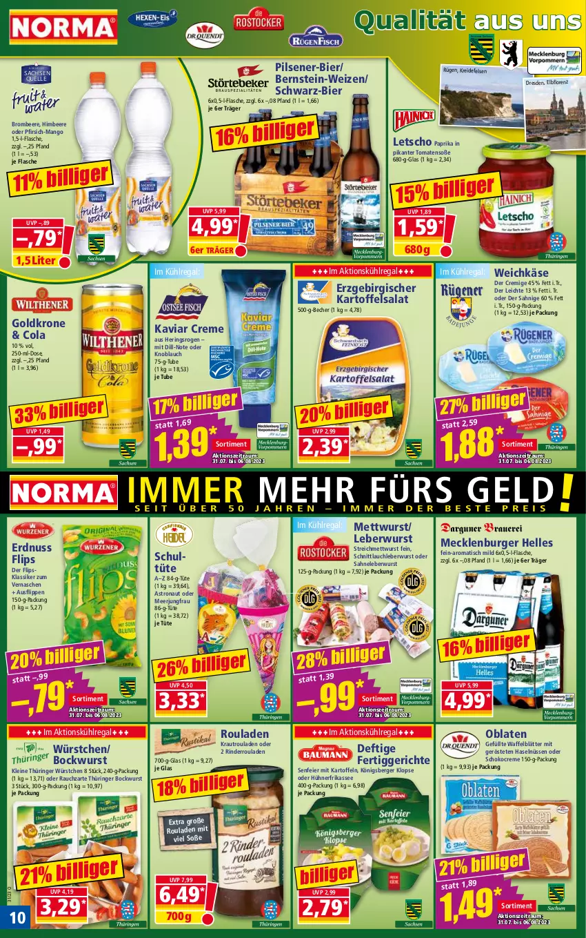 Aktueller Prospekt Norma - Norma - von 31.07 bis 07.08.2023 - strona 10 - produkty: Becher, beere, Berger, bier, bockwurst, brombeere, burger, cola, creme, eier, elle, erdnuss, fertiggericht, fertiggerichte, flasche, goldkrone, hering, Herings, himbeer, himbeere, hühner, Jungfrau, kartoffel, kartoffeln, kartoffelsalat, Käse, knoblauch, Königsberger Klopse, Kraut, Kreide, krone, kühlregal, leberwurst, leine, Letscho, lorenz, mango, Mett, mettwurst, nerf, nuss, Oblaten, paprika, pfirsich, pils, pilsener, Rauch, regal, rind, rinder, Rinderroulade, rinderrouladen, ring, rouladen, sac, sahne, salat, schnittlauch, schoko, senf, Soße, Ti, tisch, tomate, tomaten, Tüte, weichkäse, wurst, würstchen