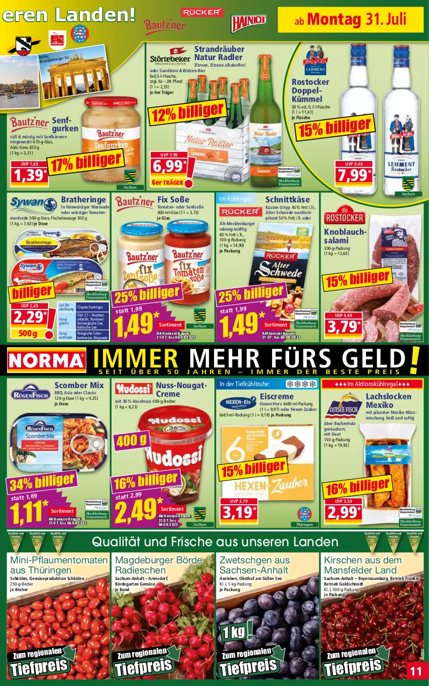 Aktueller Prospekt Norma - Norma - von 31.07 bis 07.08.2023 - strona 11 - produkty: alkohol, Becher, bier, Bratheringe, buch, burger, creme, eis, eiscreme, fisch, fische, flasche, Garten, gurke, gurken, haselnuss, hering, Holz, HP, Käse, kirsch, kirsche, kirschen, knoblauch, Knoblauchsalami, kühlregal, lachs, marinade, natur, natur radler, Nordsee, Nougatcreme, nuss, obst, pflaume, pflaumen, radieschen, radler, regal, reis, ring, Rostocker, rwe, sac, saft, salami, sanddorn, schnittkäse, senf, Senfsoße, Soße, Ti, tiefpreis, tisch, tomate, tomaten, urtyp, Waage, weck, zitrone