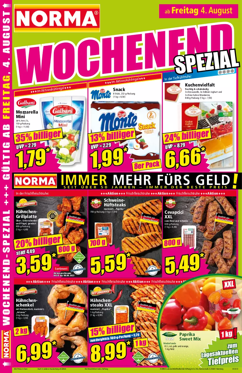 Aktueller Prospekt Norma - Norma - von 31.07 bis 07.08.2023 - strona 16 - produkty: cevapcici, eis, elle, fleisch, frucht, gewürz, grill, grillplatte, hähnchenschenkel, Hähnchensteak, hähnchensteaks, henkel, hüftsteak, hüftsteaks, joghur, joghurt, Käse, kuchen, latte, lebensmittel, mandarine, mozzarella, orange, paprika, regal, reis, rel, rind, sahne, schenkel, schoko, schwein, schweine, snack, steak, steaks, Ti, tiefpreis, wein, weine