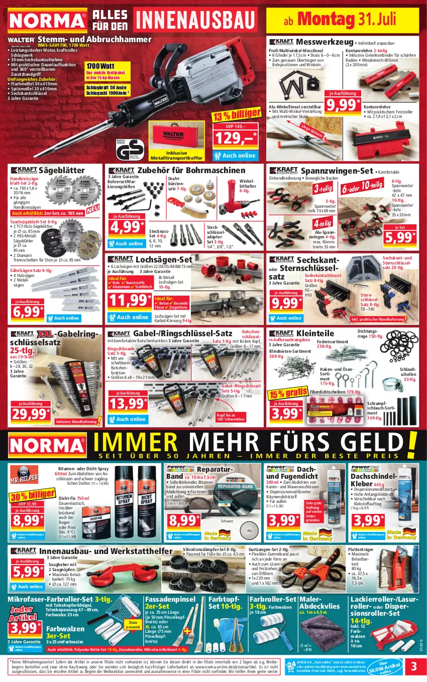 Aktueller Prospekt Norma - Norma - von 31.07 bis 07.08.2023 - strona 3 - produkty: Abbruchhammer, abdeckvlies, adapter, asti, auer, aufbewahrungsbox, Bau, Bebe, Bohrerset, Brei, bügel, bürste, bürsten, Dispersionsroller, Draht, eis, elle, Farbroller, Farbwalzen, Fassadenroller, gabel, gin, Handkreissäge, Holz, Kamin, kleber, koffer, kraft, lack, Lackierroller, Lasurroller, latte, LG, mikrofaser, ndk, nuss, Pinsel, reis, reiss, rel, ring, Ringschlüsselsatz, Roller, rum, Säbelsäge, säge, Schal, schlauch, Sport, Tauchsäge, Teleskop, teller, Ti, tisch, topf, Topfset, usb, wandhalterung, werkzeug, Zangen