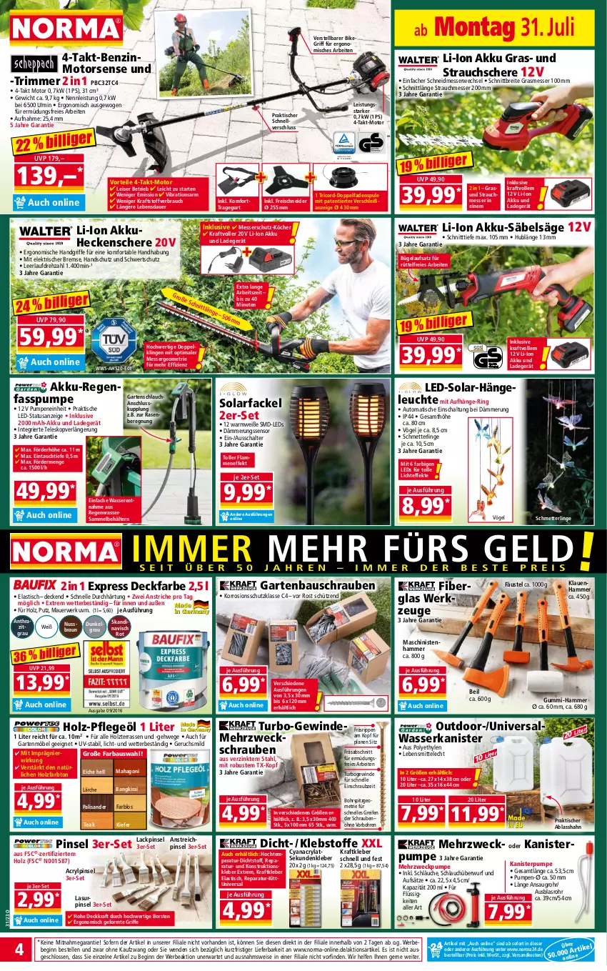 Aktueller Prospekt Norma - Norma - von 31.07 bis 07.08.2023 - strona 4 - produkty: akku, Akku-Regenfasspumpe, Akku-Säbelsäge, Alwa, asti, auer, auto, Bau, Bebe, Behälter, braun, Brei, bügel, decke, eis, elle, Garten, gartenmöbel, gartenschlauch, gin, Hängeleuchte, heckenschere, Holz, HP, kleber, kraft, lack, ladegerät, lamm, lebensmittel, leds, Leuchte, LG, messer, Mett, möbel, Motorsense, ndk, nuss, Pflegeöl, Pinsel, rasen, Rauch, reifen, reis, ring, Rippen, rwe, Säbelsäge, säge, Schal, Schere, schlauch, schläuche, Schmetterling, schrauben, Schütze, Solarfackel, Strauchschere, Teleskop, Ti, tisch, usb, wasser, weck, werkzeug, werkzeuge, ZTE