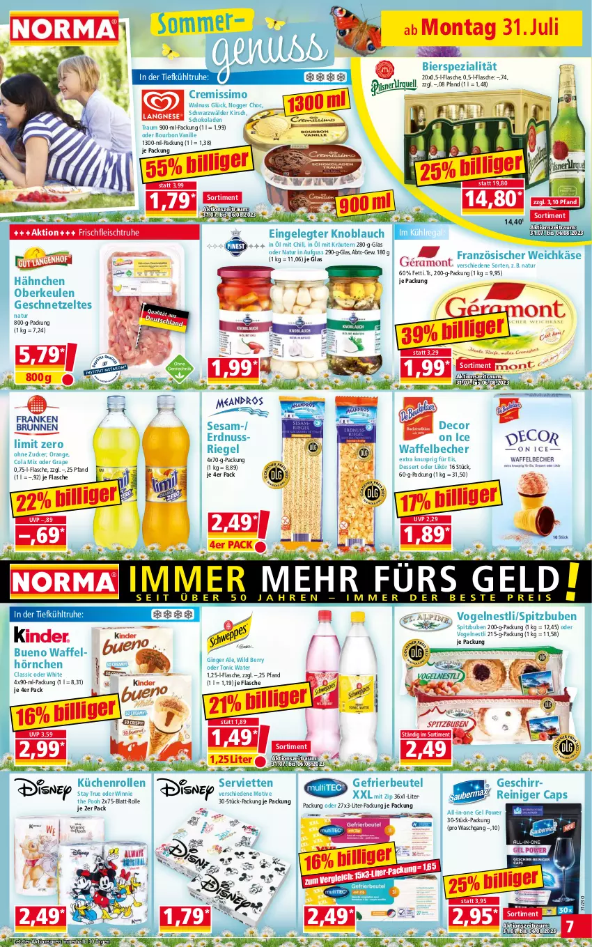 Aktueller Prospekt Norma - Norma - von 31.07 bis 07.08.2023 - strona 7 - produkty: aktionspreis, Becher, beutel, bier, bourbon, bourbon vanille, Cap, chili, cola, cremissimo, decor, dessert, eis, erdnuss, flasche, fleisch, französischer weichkäse, gefrierbeutel, geschirr, geschnetzeltes, gin, ginger, ginger ale, hörnchen, Käse, kirsch, knoblauch, kräuter, kräutern, küche, Küchen, küchenrolle, küchenrollen, kühlregal, likör, natur, nogger, nuss, nussriegel, orange, regal, reiniger, reis, riegel, schoko, schokolade, schokoladen, Serviette, servietten, sesam, sim, Spezi, tee, Ti, tonic, tonic water, vanille, Waffelhörnchen, walnuss, weichkäse, Wild, wild berry, Zelt, ZTE, zucker