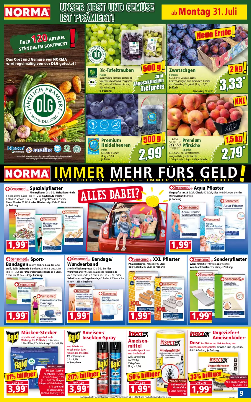 Aktueller Prospekt Norma - Norma - von 31.07 bis 07.08.2023 - strona 9 - produkty: aqua, asti, auer, beere, beeren, bio, biozidprodukte, eimer, eis, elle, erde, früchte, heidelbeere, heidelbeeren, korb, lebensmittel, LG, Liege, Mottenfalle, obst, Obst und Gemüse, pfirsich, pfirsiche, pflaster, Rauch, reifen, reis, rel, rwe, Schal, Schale, sekt, Spezi, Sport, tafeltrauben, Ti, tiefpreis, tisch, trauben, und gemüse