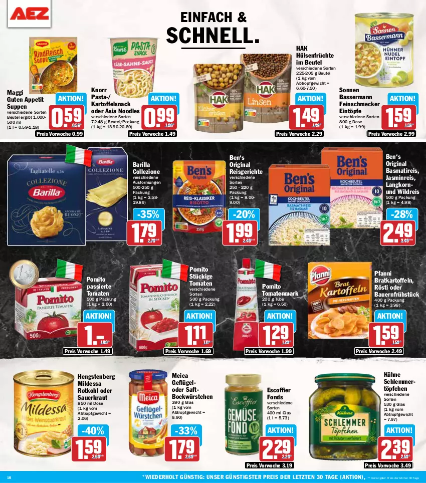 Aktueller Prospekt Aez - Prospekte - von 11.11 bis 16.11.2024 - strona 10 - produkty: auer, barilla, basmati, Bau, Bauer, beutel, eintöpfe, eis, feinschmecker, früchte, Geflügel, gin, hengstenberg, hülsenfrüchte, kartoffel, kartoffeln, knorr, knorr pasta, korn, Kraut, Kühne, maggi, meica, pasta, pfanni, pomito, reis, rotkohl, saft, Sauerkraut, schlemmertöpfchen, senf, snack, suppe, suppen, Ti, tomate, tomaten, tomatenmark, Töpfchen, Wild, würstchen, ZTE