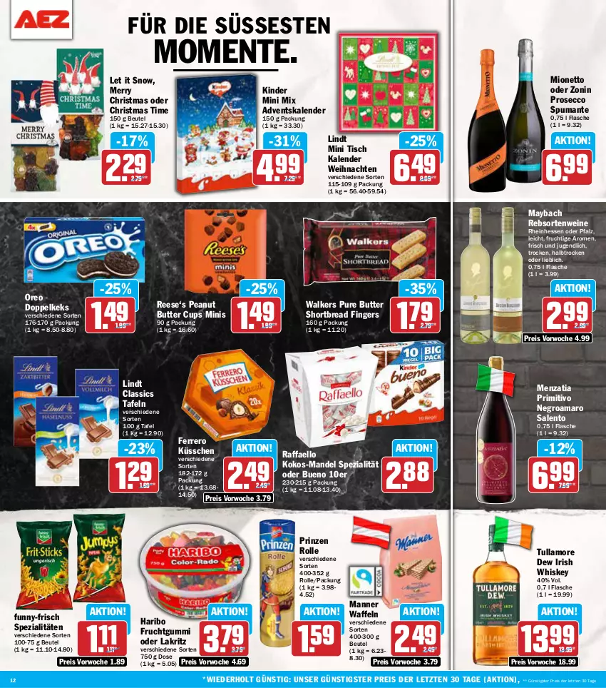 Aktueller Prospekt Aez - Prospekte - von 11.11 bis 16.11.2024 - strona 12 - produkty: Adventskalender, amaro, beutel, butter, ecco, eis, ente, ferrero, Ferrero Küsschen, flasche, frucht, fruchtgummi, funny-frisch, haribo, irish whiskey, keks, Kinder, kokos, Lakritz, lindt, mandel, Manner, maybach, mionetto, oder lakritz, oreo, peanut butter, primitivo, prinzen rolle, prosecco, puma, raffaello, rebsortenweine, reis, Spezi, spumante, Ti, tisch, tullamore, tullamore dew, waffeln, weihnachten, wein, weine, whiskey, zonin, ZTE