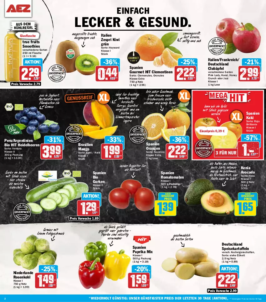 Aktueller Prospekt Aez - Prospekte - von 11.11 bis 16.11.2024 - strona 2 - produkty: apfel, auer, aufstrich, aus dem kühlregal, avocado, beere, beeren, bio, bio gurken, bio hit, braten, brot, brotaufstrich, butter, clementinen, curry, discount, eis, erde, flasche, frucht, früchte, glasflasche, grill, gurke, gurken, heidelbeere, heidelbeeren, joghur, joghurt, Kaki, kartoffel, kartoffeln, kiwi, kuchen, kühlregal, LG, mac, mango, navelina, nuss, obst, orange, orangen, paprika, paprika mix, pasta, Pfannkuchen, Pink Lady, regal, reis, Romatomaten, rosen, Rosenkohl, rwe, saft, salat, salate, Schal, Schale, smoothie, smoothies, snack, speisekartoffeln, Ti, tomate, tomaten, true fruits, zespri, ZTE