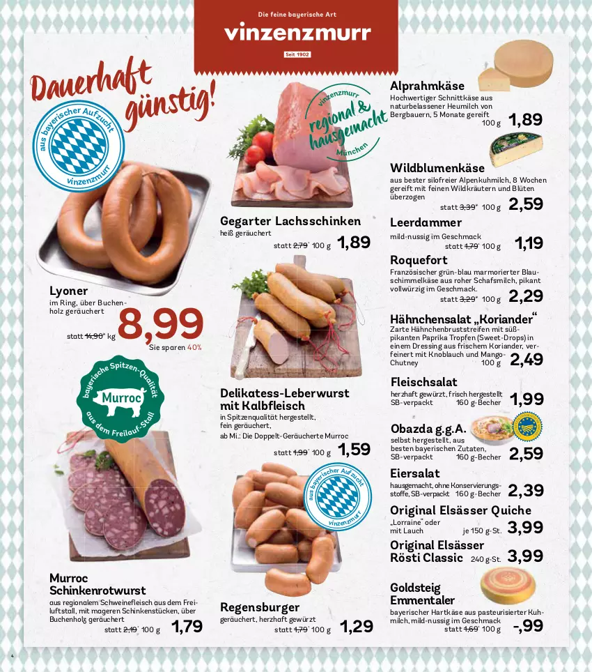 Aktueller Prospekt Aez - Prospekte - von 11.11 bis 16.11.2024 - strona 4 - produkty: auer, Bau, Bauer, Becher, blume, blumen, Blüte, buch, burger, dressing, eier, eiersalat, eis, emmentaler, fleisch, fleischsalat, gewürz, gin, goldsteig, hähnchenbrust, hartkäse, Heu, heumilch, Holz, Käse, knoblauch, Koriander, kräuter, kräutern, lachs, lachsschinken, leberwurst, leerdammer, lyoner, mac, mango, milch, mit knoblauch, natur, nuss, obazda, paprika, Quiche, regensburger, reifen, Ria, ring, Rotwurst, salat, schinken, schnittkäse, schwein, schweine, schweinefleisch, spitzenqualität, Ti, wein, weine, Wild, Wildblumenkäse, wurst, Yo