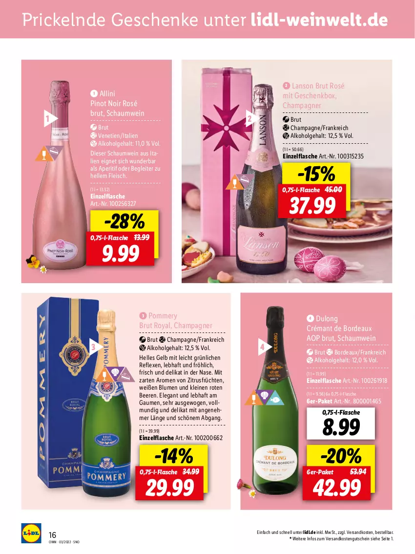 Aktueller Prospekt Lidl - Beste Weine für jeden Anlass - von 25.02 bis 31.03.2022 - strona 16 - produkty: alkohol, aperitif, beere, beeren, blume, blumen, brut, champagne, champagner, eis, elle, flasche, fleisch, früchte, früchten, Geschenkbox, gutschein, leine, LG, ndk, Pinot, pinot noir, Ti, wein