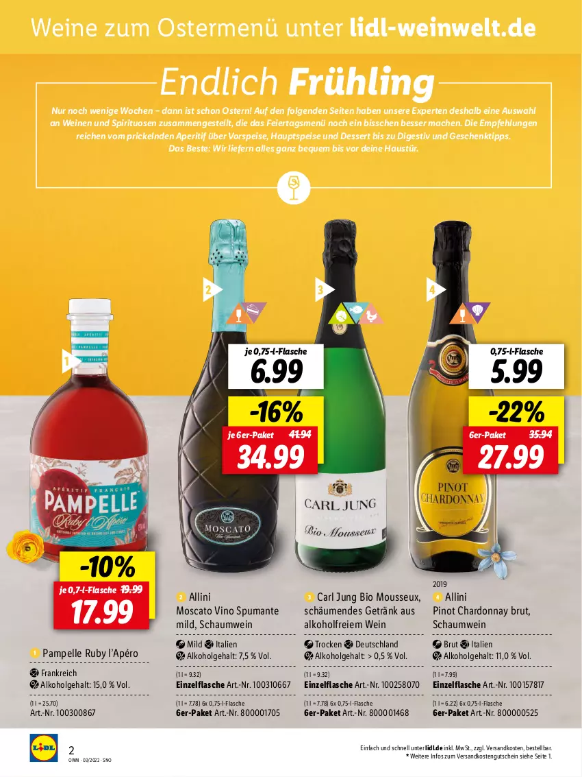 Aktueller Prospekt Lidl - Beste Weine für jeden Anlass - von 25.02 bis 31.03.2022 - strona 2 - produkty: alkohol, aperitif, aust, bio, brut, chardonnay, dessert, eier, eis, elle, flasche, getränk, gutschein, LG, mac, mousse, ndk, Pinot, puma, spirituosen, spumante, Ti, Vino Spumante, vorspeise, wein, weine