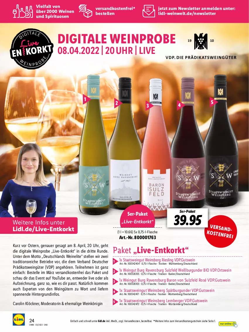 Aktueller Prospekt Lidl - Beste Weine für jeden Anlass - von 25.02 bis 31.03.2022 - strona 24 - produkty: auer, Bad, Berger, bio, burgunder, elle, flasche, gin, gutschein, Mode, ndk, pril, riesling, spätburgunder, spirituosen, Ti, uhr, versandkostenfrei, wein, weine, Weißburgunder, Yo