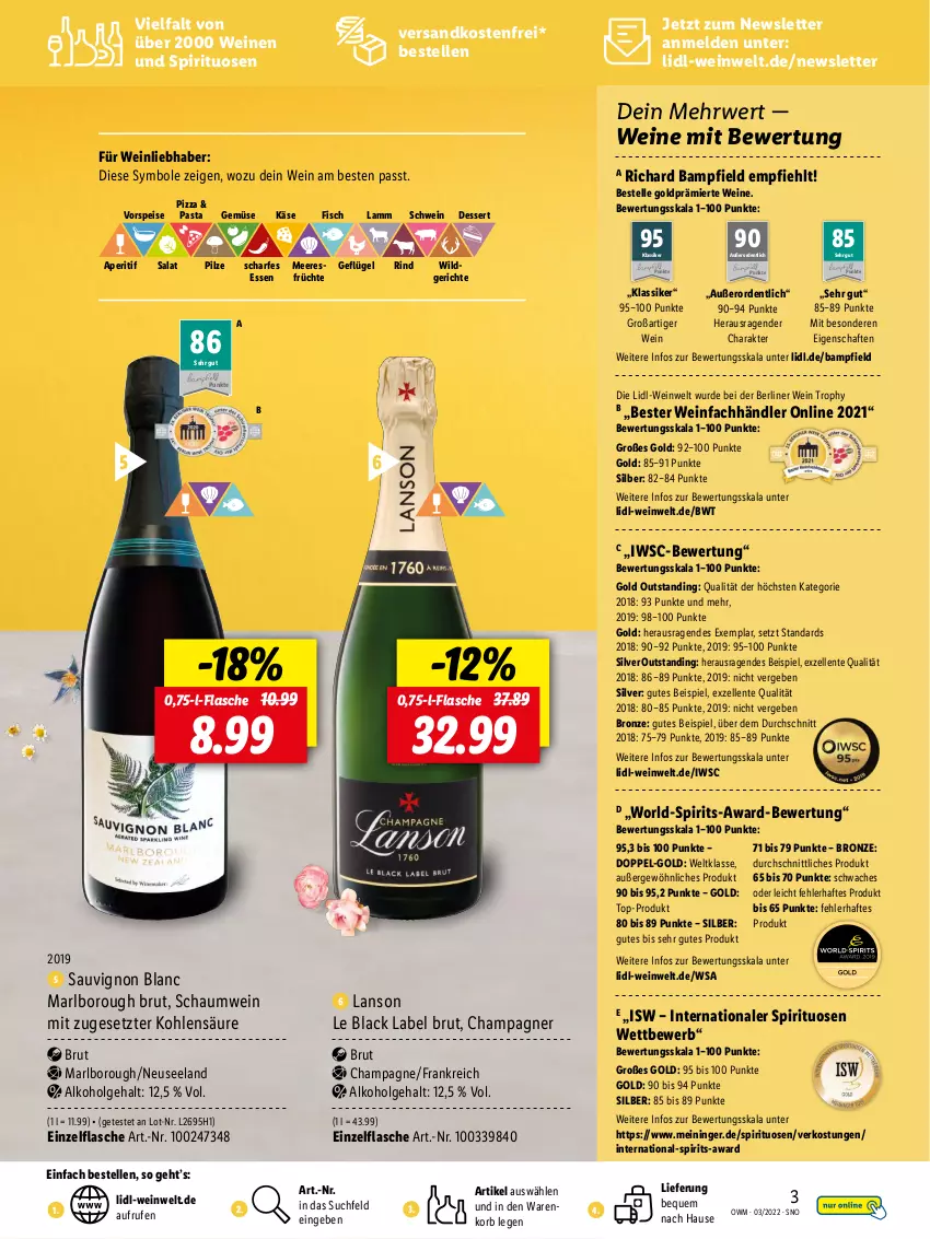 Aktueller Prospekt Lidl - Beste Weine für jeden Anlass - von 25.02 bis 31.03.2022 - strona 3 - produkty: alkohol, aperitif, berliner, black label, brut, champagne, champagner, dessert, eis, Elan, elle, ente, fisch, flasche, früchte, Geflügel, Käse, korb, lack, lamm, LG, meeresfrüchte, ndk, pasta, pilze, pizza, rind, rwe, salat, sauvignon, sauvignon blanc, schwein, spirituosen, Ti, versandkostenfrei, vorspeise, wein, weine, Wild, ZTE