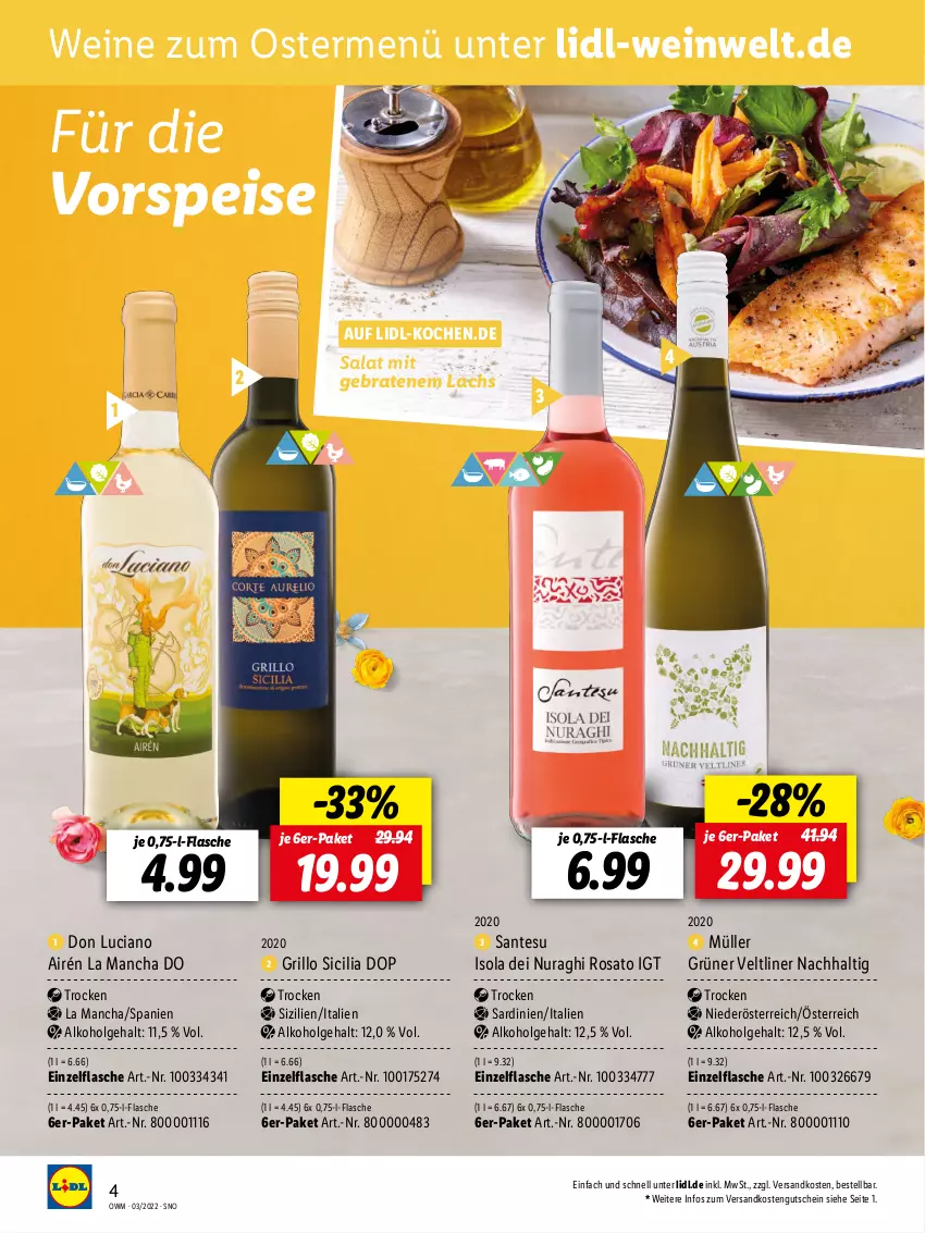 Aktueller Prospekt Lidl - Beste Weine für jeden Anlass - von 25.02 bis 31.03.2022 - strona 4 - produkty: alkohol, braten, eis, flasche, grill, grillo, grüner veltliner, gutschein, lachs, LG, Müller, ndk, rosato, salat, SANTE, Ti, vorspeise, wein, weine