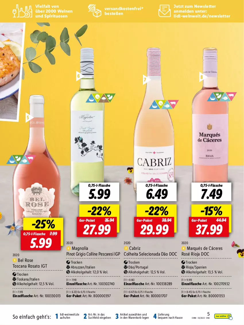 Aktueller Prospekt Lidl - Beste Weine für jeden Anlass - von 25.02 bis 31.03.2022 - strona 5 - produkty: alkohol, elle, flasche, korb, LG, ndk, Pinot, pinot grigio, rioja, rosato, spirituosen, Ti, versandkostenfrei, wein, weine