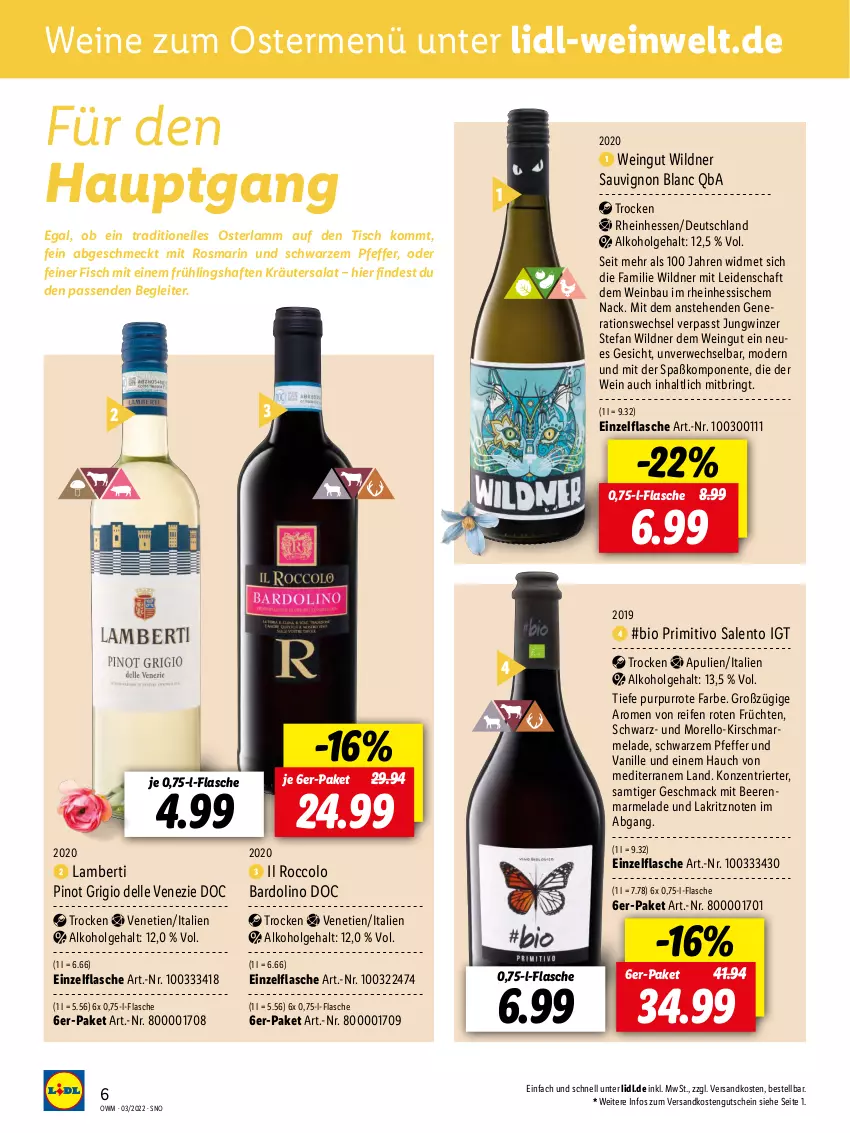 Aktueller Prospekt Lidl - Beste Weine für jeden Anlass - von 25.02 bis 31.03.2022 - strona 6 - produkty: alkohol, Amber, Bau, beere, beeren, bio, dell, elle, ente, fisch, flasche, früchte, früchten, gutschein, kirsch, kräuter, Lakritz, lamm, LG, mac, marmelade, Mode, ndk, pfeffer, Pinot, pinot grigio, primitivo, reifen, rel, ring, rosmarin, rwe, salat, sauvignon, sauvignon blanc, Ti, tisch, vanille, wein, weine, Wild