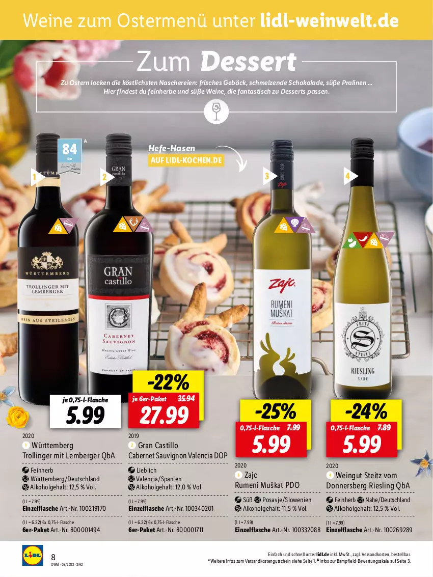 Aktueller Prospekt Lidl - Beste Weine für jeden Anlass - von 25.02 bis 31.03.2022 - strona 8 - produkty: alkohol, asti, Berger, cabernet, cabernet sauvignon, dessert, desserts, fanta, flasche, gutschein, Hefe, LG, ndk, pralinen, riesling, rum, sauvignon, Schere, schoko, schokolade, Ti, tisch, trolli, trollinger, wein, weine