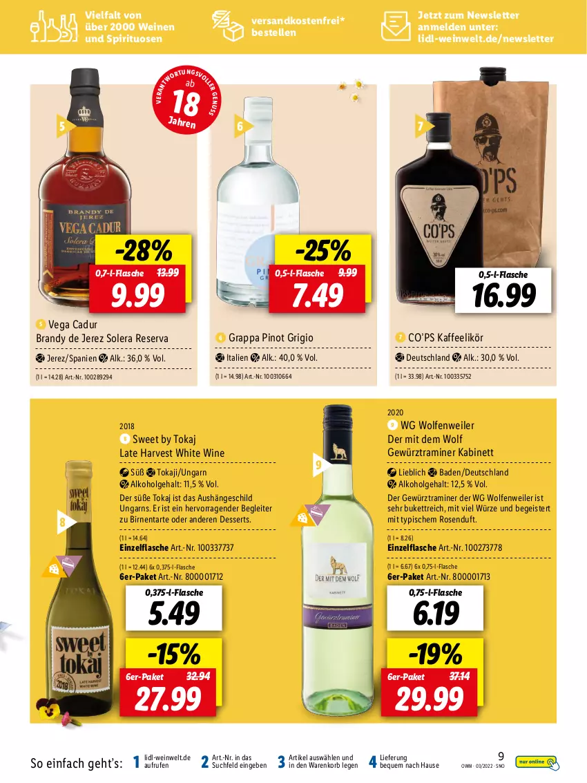 Aktueller Prospekt Lidl - Beste Weine für jeden Anlass - von 25.02 bis 31.03.2022 - strona 9 - produkty: alkohol, Bad, Birnen, dessert, desserts, eis, elle, flasche, gewürz, grappa, kabinett, kaffee, korb, LG, likör, ndk, Pinot, pinot grigio, rosen, spirituosen, Ti, versandkostenfrei, wein, weine