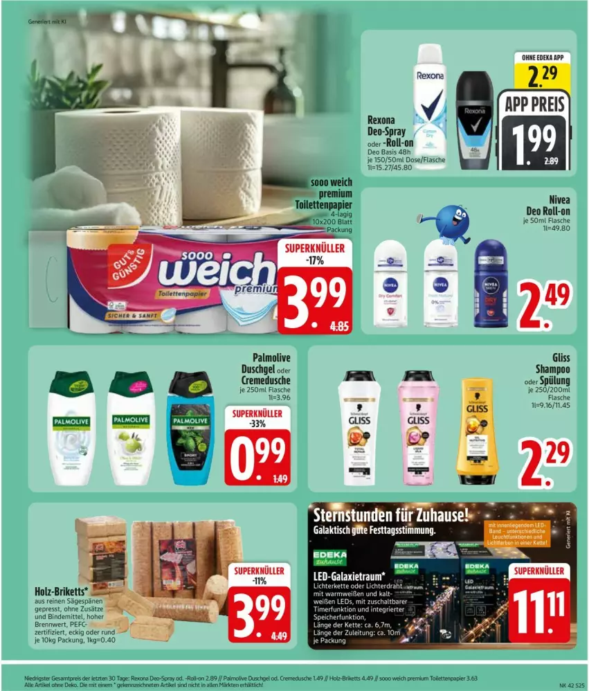 Aktueller Prospekt Edeka - Prospekte - von 12.10 bis 17.10.2026 - strona 27 - produkty: briketts, creme, cremedusche, deo, deo roll-on, dusche, duschgel, flasche, gliss, Holz, leds, olive, palmolive, papier, rexona, ritter, roll-on, säge, Schal, shampoo, spülung, Ti, tisch, toilettenpapier, ZTE