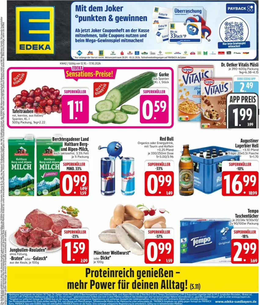 Aktueller Prospekt Edeka - Prospekte - von 12.10 bis 17.10.2026 - strona 3 - produkty: bier, braten, coupon, coupons, deka, Dr. Oetker, drink, gewinnspiel, gulasch, jungbullen, Lagerbier, mac, müsli, rouladen, tafeltrauben, Tasche, taschen, taschentücher, Tempo, Ti, trauben, tücher, vita, vitalis, vitalis müsli, Weißwurst, wurst