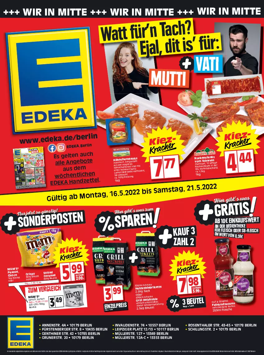 Aktueller Prospekt Edeka - Angebote der Woche - von 16.05 bis 21.05.2022 - strona 1 - produkty: almighur, almighurt, angebot, angebote, Becher, beispielabbildung, Berger, beutel, braten, caramel, deka, ehrmann, ehrmann almighurt, eis, ente, feinkost, flasche, fleisch, Fürstenberg, gewinnspiel, gewürz, grill, Holz, holzkohle, ipad, iphone, IPhone 13, knorr, LG, mac, Mett, Müller, Mutti, Nackensteak, nackensteaks, Nektar, nektarinen, pfirsich, pfirsiche, pfirsiche oder, pils, pilsener, reis, ring, rosen, rwe, sac, Schal, Schale, schwein, schweine, steak, steaks, Ti, top-preis, wein, weine