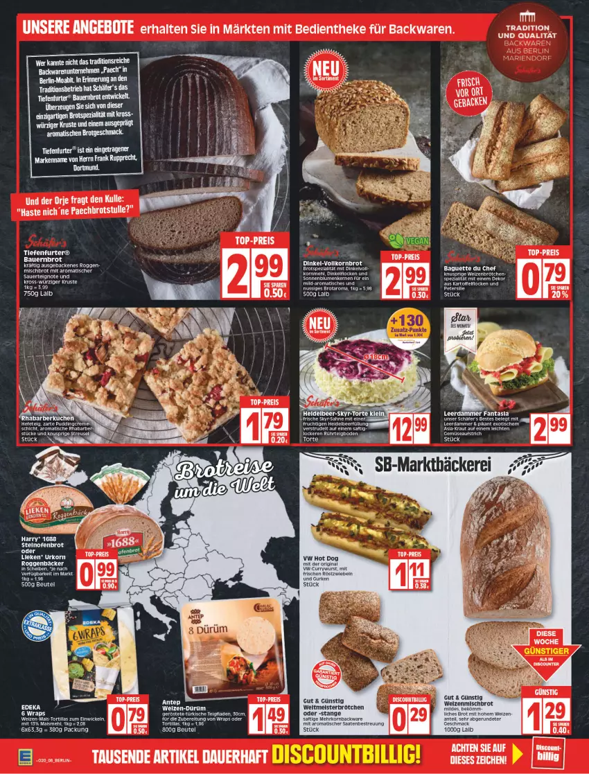 Aktueller Prospekt Edeka - Angebote der Woche - von 16.05 bis 21.05.2022 - strona 10 - produkty: angebot, angebote, auer, aufstrich, backwaren, baguette, Bau, Bauer, beutel, blume, blumen, brot, brötchen, creme, curry, currywurst, eier, eis, Elan, ente, fanta, frucht, geback, gin, gurke, gurken, Hefe, hot dog, korn, Kraut, leerdammer, LG, lieken, mac, mais, mehl, mit frucht, nuss, Ofen, pudding, reis, röstzwiebeln, saft, sonnenblume, sonnenblumen, Sonnenblumenkerne, sonnenblumenkernen, Spezi, steinofen, Strudel, tee, Ti, tisch, top-preis, tortilla, tortillas, urkorn, weizenbrötchen, WICK, wrap, wraps, wurst, zwiebel, zwiebeln