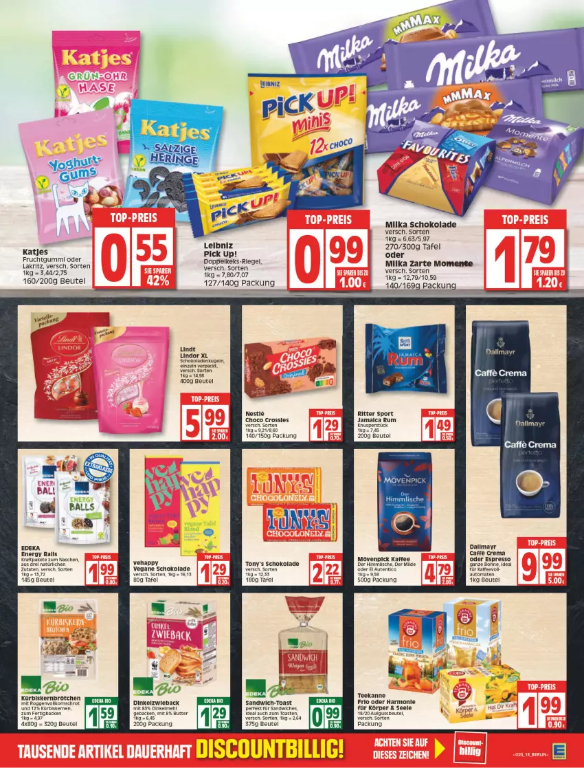 Aktueller Prospekt Edeka - Angebote der Woche - von 16.05 bis 21.05.2022 - strona 15 - produkty: auto, ball, beutel, bohne, brötchen, butter, caffe, dallmayr, dinkelmehl, ente, espresso, frucht, fruchtgummi, geback, kaffee, katjes, keks, korn, kraft, Kugel, Kürbis, Kürbiskernbrötchen, kürbiskerne, Lakritz, leibniz, lindor, lindt, mehl, milka, milka schokolade, mövenpick, mövenpick kaffee, oder espresso, oder lakritz, Pick Up!, ritter, ritter sport, rum, sandwich, schoko, schokolade, schokoladen, Sport, tee, teekanne, Ti, toast, tomate, tomaten