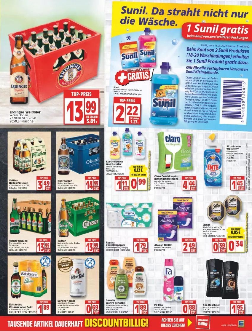 Aktueller Prospekt Edeka - Angebote der Woche - von 16.05 bis 21.05.2022 - strona 17 - produkty: alleinfuttermittel, Alwa, Always, axe, axe duschgel, berliner, bier, deo, duschgel, elle, ente, erdinger, flasche, garnier, geschirr, gin, gösser, Jubiläums, Kamill, kamille, krone, maschinenreiniger, natur, oder radler, papier, pils, pilsener, radler, reiniger, Ria, shampoo, shampoo oder spülung, sheba, Spezi, spülung, sunil, Ti, toilettenpapier, veltins, vollwaschmittel, Wahre Schätze, waschmittel